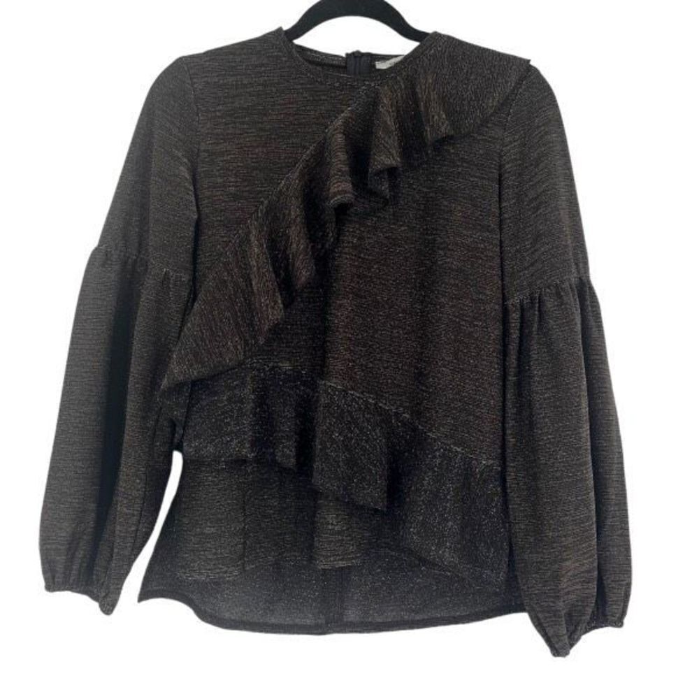 Belissa Women's Gold Metallic Ruffle Front Long Sleeve Top Black Size 38 Medium